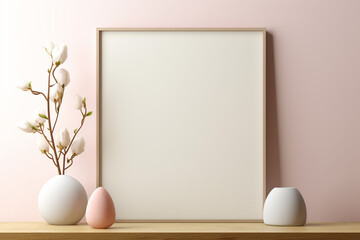 A hand-polished hickory frame on a serene eggshell wall, presenting a blank pistachio mockup, highlighted by a soft rose glow, empty blanked mockup, 8k, - obrazy, fototapety, plakaty