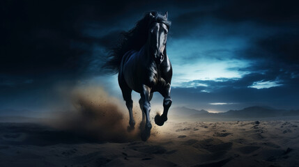 Dark horse run gallop in dust against. Fast free animal - obrazy, fototapety, plakaty