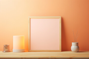 A handcrafted wooden frame on a soft peach wall, holding a blank sapphire mockup, lit by a gentle amber light, empty blanked mockup, 8k,