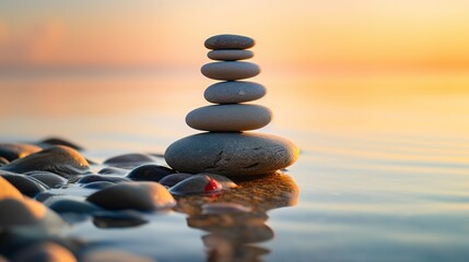 For sunrise light meditation and relaxation, zen stones are balanced on the beach.