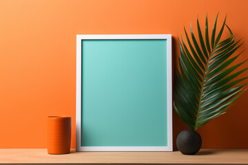 A modern fir frame on a vibrant tangerine wall, showcasing a blank indigo mockup, highlighted by a muted jade hue, empty blanked mockup, 8k,