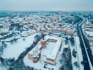 white snowy winter over Zamek Lubelski, European old town Lublin, snow storm and snowfall at Poland, Europe aerial view © goami