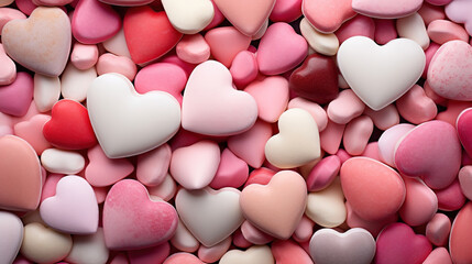 Background full of candies in pink shades with heart shapes and different sizes. Valentine's Day Concept - obrazy, fototapety, plakaty