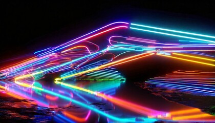 3d render abstract background of dynamic neon lines glowing in the dark floor reflection