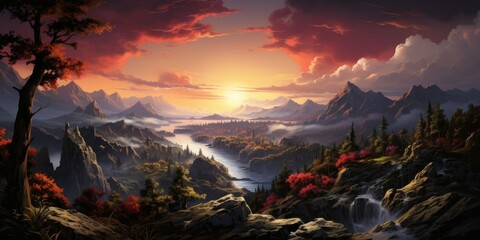 mountain range bathed in the warm glow of sunrise, with a serene small lake reflecting the tranquil beauty of the landscape.  - obrazy, fototapety, plakaty