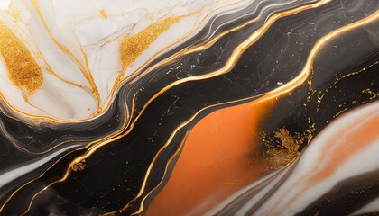 abstract black and orange marble liquid texture with gold splashes luxury background