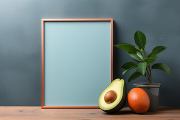 A refined spruce frame on a cool steel blue wall, holding a blank peach mockup, under a muted sapphire light, empty blanked mockup, 8k, - Powered by Adobe