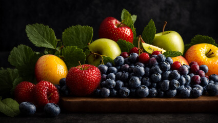Naklejka na ściany i meble various fruits and berries on a dark background assorted