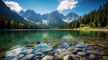 The tatra national park in poland is regarded as one of the most famous mountain ranges, lake morskie oko or sea eye lake in the high tatras valley. - obrazy, fototapety, plakaty