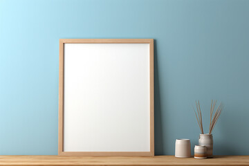 A rustic wooden poster frame on a smooth beige wall, showcasing a blank white mockup, surrounded by soft blue ambient light, empty blanked mockup, 8k,