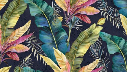 tropical luxury exotic seamless pattern pastel colorful banana leaves palm hand drawn vintage 3d illustration dark glamorous background design good for wallpapers tapestry cloth fabric printing