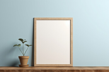 Fototapeta na wymiar A rustic wooden poster frame on a smooth beige wall, showcasing a blank white mockup, surrounded by soft blue ambient light, empty blanked mockup, 8k,