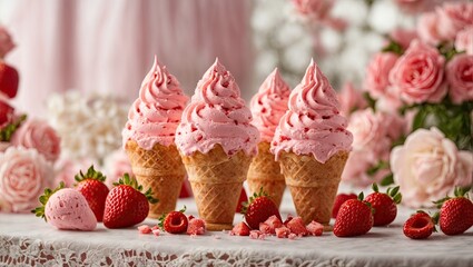 Fototapeta na wymiar Sumptuous Strawberry Ice Cream Cones on a Table: A High-Quality Product Photograph