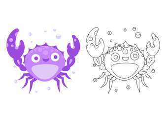 Cute purple crab vector illustration undersea, sea life coloring book or coloring page