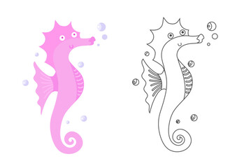 Cute pink seahorse vector illustration undersea, sea life coloring book or coloring page © oksaoksaoksa