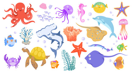 Fototapeta na wymiar Set with hand drawn sea life elements. Vector doodle cartoon set of marine life objects for your design. Aquatic characters,ocean animals, funny aquarium creature. Underwater nowaday vector animal set