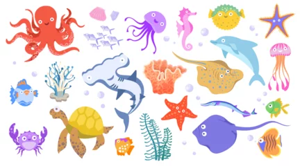 Fotobehang Onder de zee Set with hand drawn sea life elements. Vector doodle cartoon set of marine life objects for your design. Aquatic characters,ocean animals, funny aquarium creature. Underwater nowaday vector animal set