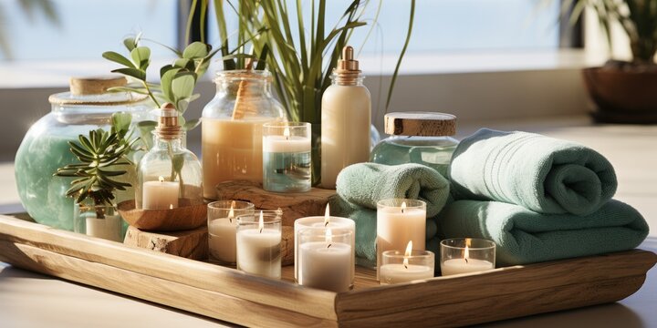 Picture a spa salon setting with an array of accessories elegantly arranged on a table. Items such as scented candles, aromatic oils, soft towels, and perhaps a bowl 