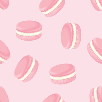 French macaroons on pink background. Sweet food seamless pattern. Vector cartoon illustration.