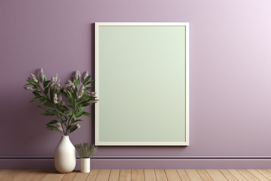 A vintage spruce frame on a rich sepia wall, displaying a blank jade mockup, illuminated by a soft lilac radiance, empty blanked mockup, 8k,
