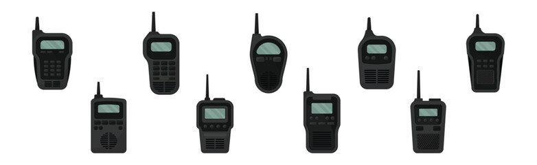 Black Transceiver or Walkie-talkie as Radio Device with Antenna Vector Set