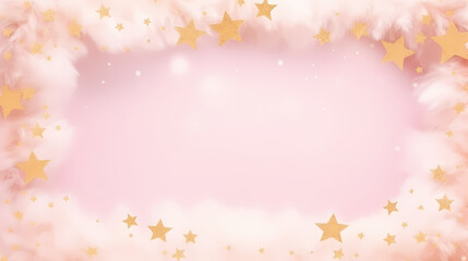 Obraz na płótnie Canvas Fluffy blank frame with warm pink and gold stars and snow for Christmas background
