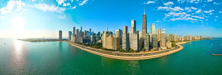 Aerial Chicago Skyline and Lake Michigan Shoreline Panorama