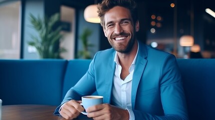 Handsome smiling man in blue jacket sitting in the blue designed cafe with cup of coffee