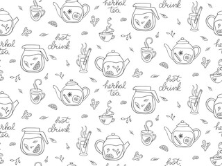 Seamless pattern of teapots, cups, leaves, lemon. Doodle outline hot tea drink. Herbal healthy tea elements. Line drawn background for cafe menu, shop, wrapping paper. Black and white illustration
