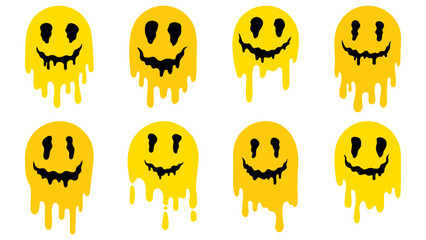 Melting smiles in flat style. Cute cartoon melted yellow smiling face avatars, stickers. Funny faces in trippy acid rave style. - 696544324