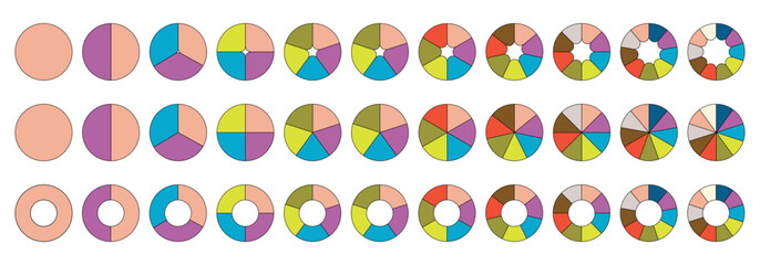 Round colorful graphs with outline from 1 to 10, in three styles. Fraction pie divided into slices. Circle section graph, segment infographic. - 696544328