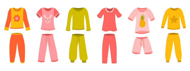 Girl pajamas set in cartoon flat style. Cute night cloths, tops and pants, sleep shorts for kids. - 696544329