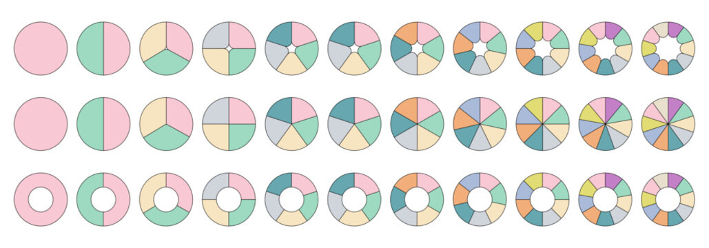Round pastel colors graphs with outline from 1 to 10, in three styles. Fraction pie divided into slices. Circle section graph, segment infographic.
