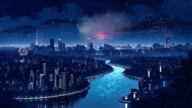 Night city skyline. Landscape of skyscraper city with river. New year eve fireworks display. Anime style of background loop animation video
