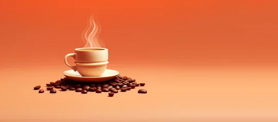 Papier Peint photo autocollant Bar a café Coffee with smoke and grains on orange background. Cup of chocolate or cocoa with plate. Side view. Close up. Banner for design with copy space.  AI generation