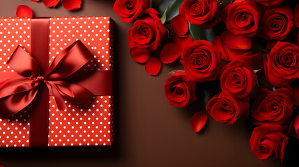red gift box with white polka dots and a satin ribbon, next to a bouquet of fresh red roses on a dark red background