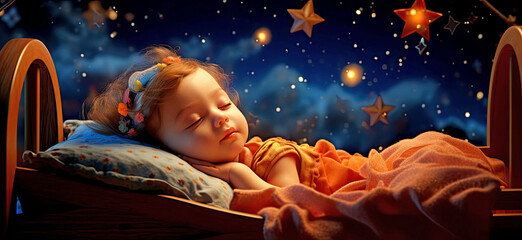 Cute little girl sleeps in a crib on the night starry sky background. AI generated illustration.