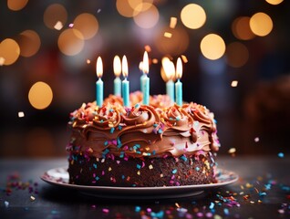 Birthday Cake with Candles Frosting Icing Colorful Festive Celebration Background Image