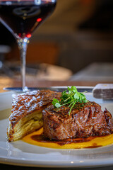 Grilled Chateaubriand with Potato au Gratin over Carrot Puree