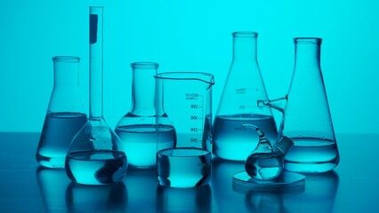 Close up medical glassware on neon background. Laboratory table with many different beakers and test tubes with liquid for experiments in blue neon light.