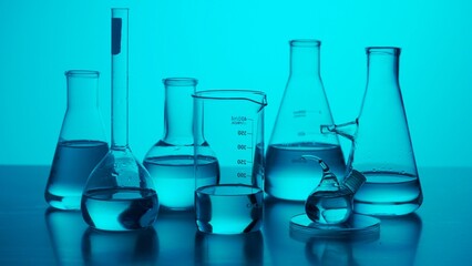 Close up medical glassware on neon background. Laboratory table with many different beakers and...