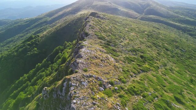 Drone view from the path from Beklemeto to Kozya Stena, Troyan Balkan, Bulgaria