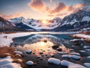 Beautiful landscape scene serene lake with snowy mountains at sunset with clouds
