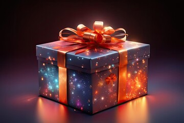 Big gift box tied with ribbons on dark background. Christmas and New Year shopping. Boxing Day and Black Friday concept
