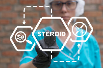 Beautiful nurse using virtual touchscreen presses text: STEROID. Stop Steroid Medical concept. No...