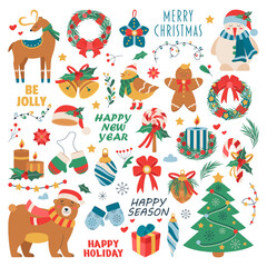 Naklejka premium Set of Christmas toy, deer, wreath, bird, bell, text, lollipop, candle, glove, snowman, beer, garland, snowflake.
