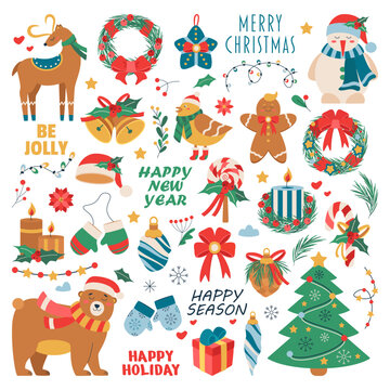 Set of Christmas toy, deer, wreath, bird, bell, text, lollipop, candle, glove, snowman, beer, garland, snowflake.