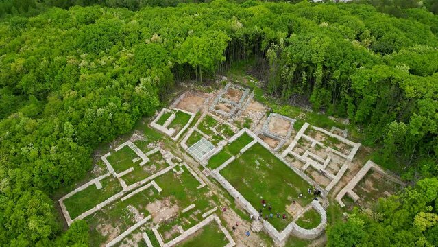 Drone view over the ancient city of Misionis, a large ancient city and fortress. It is located 7 km from the city of Targovishte Bulgaria in the area of Krumovo Kale