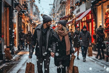 couple amoureux faisant ses achats de Noël dans les rues piétonnes et commerçantes d'un centre...