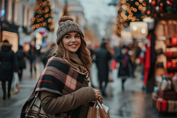 femme faisant ses achats de Noël dans les rues piétonnes et commerçantes d'un centre ville...